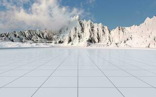 Snowy mountains with empty floor background, 3d rendering. photo