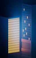 urbano edificio a noche, modular edificio, 3d representación. foto