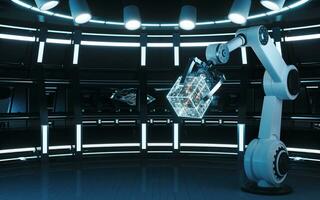 Mechanical arm and cube in a round room, 3d rendering. photo