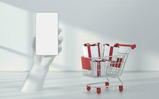 Shopping cart and phone with white background, 3d rendering. photo