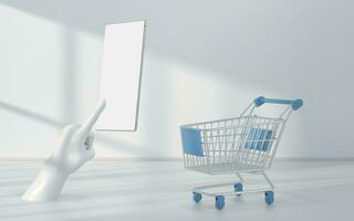 Shopping cart and phone with white background, 3d rendering. photo