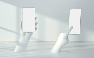 Hand and mobile with white background, 3d rendering. photo