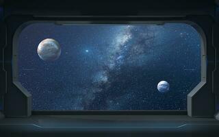 Planets and Milky Way from the view in the spacecraft, 3d rendering. photo