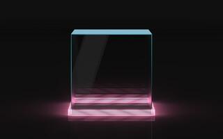 Empty glass showcase with neon lines, 3d rendering. photo