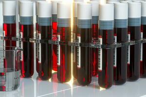 sangre prueba tubos con laboratorio, 3d representación. foto