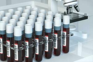 Blood test tubes with laboratory, 3d rendering. photo