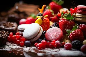 Colorful macaroons with berries on wooden table. Generative AI. photo