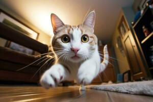 un naranja y blanco gato corriendo a través de el piso generativo ai foto