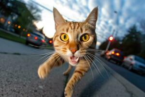 un naranja gato corriendo en el calle con amarillo ojos generativo ai foto