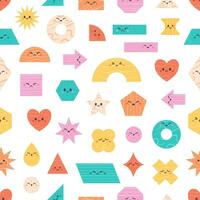 Seamless pattern with cartoon geometric shapes characters. Basic abstract geometry figures with cartoon faces. vector