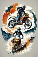 Racing motocross rider with ink style digital painting on sketch for t-shirt print photo