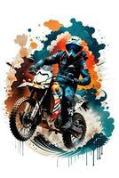 carreras motocross jinete con tinta estilo digital pintura en bosquejo para camiseta impresión foto