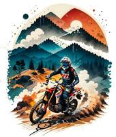 Racing motocross rider with ink style digital painting on sketch for t-shirt print photo