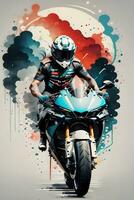 Racing motorcycle with ink style digital painting on sketch for t-shirt print photo