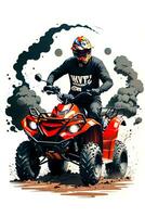 Four-wheeled motorbike rider race with ink style digital painting on sketch for t-shirt print photo