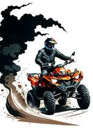 Four-wheeled motorbike rider race with ink style digital painting on sketch for t-shirt print photo