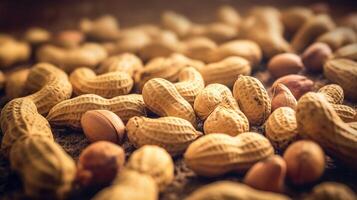 Realistic photo of a bunch of peanuts. top view nuts scenery.