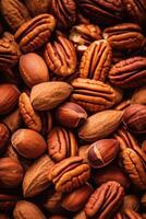 Realistic photo of a bunch of pecans. top view nuts scenery.