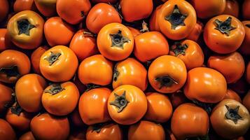 Realistic photo of a bunch of persimmons. top view fruit scenery. AI Generated