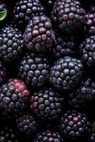 Realistic photo of a bunch of blackberries. top view fruit scenery. AI Generated