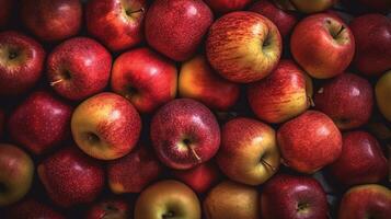 Realistic photo of a bunch of red apples. top view fruit scenery.