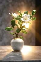 Realistic photo of a Tropical flower plant in a marble vase. with natural light condition. AI Generated