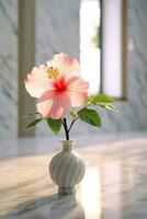 Realistic photo of a Tropical flower plant in a marble vase. with natural light condition. AI Generated