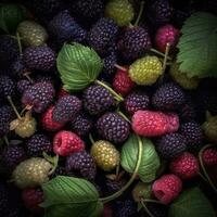 Realistic photo of a bunch of mulberries. top view fruit scenery. AI Generated
