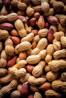 Realistic photo of a bunch of peanuts. top view nuts scenery.