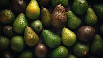 Realistic photo of a bunch of avocados. top view fruit scenery.