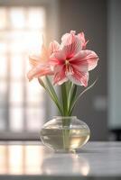 Realistic photo of a Tropical flower plant in a marble vase. with natural light condition. AI Generated