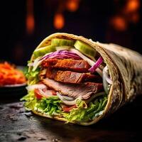 Realistic photo of Doner Kebab. Close-Up Food Photography.