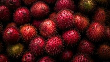 Realistic photo of a bunch of rambutans. top view fruit scenery. AI Generated