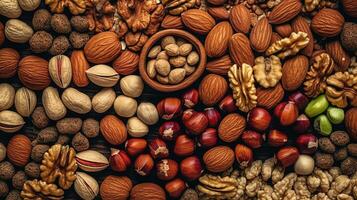 Realistic photo of different kind of nuts. top view nuts scenery.