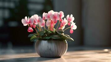 Realistic photo of a Tropical flower plant in a marble vase. with natural light condition. AI Generated