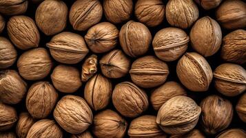 Realistic photo of a bunch of walnuts. top view nuts scenery. AI Generated