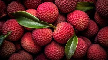 Realistic photo of a bunch of lychees. top view fruit scenery.