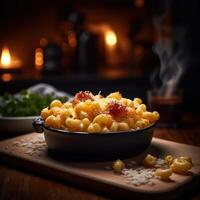 Realistic photo of Mac and Cheese. Close-Up Food Photography. AI Generated