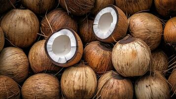 Realistic photo of a bunch of coconuts. top view fruit scenery. AI Generated