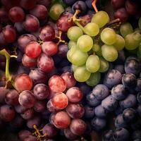 Realistic photo of different kind of grapes. top view fruit scenery. AI Generated