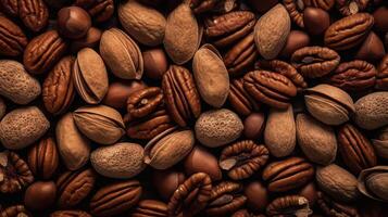 Realistic photo of a bunch of pecans. top view nuts scenery. AI Generated