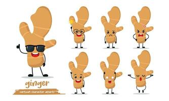 cute ginger cartoon with many expressions. herb different activity pose vector illustration flat design set with sunglasses.