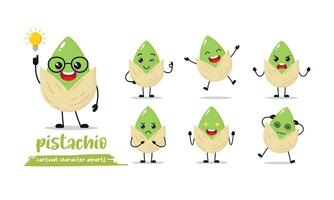 cute pistachio cartoon with many expressions. nut different activity pose vector illustration flat design set.