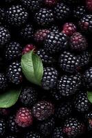 Realistic photo of a bunch of blackberries. top view fruit scenery. AI Generated