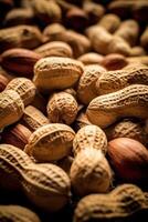 Realistic photo of a bunch of peanuts. top view nuts scenery.