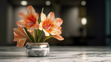 Realistic photo of a Tropical flower plant in a marble vase. with natural light condition. AI Generated