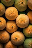 Realistic photo of a bunch of cantaloupe. top view fruit scenery.