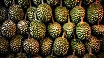 Realistic photo of a bunch of durians. top view fruit scenery. AI Generated