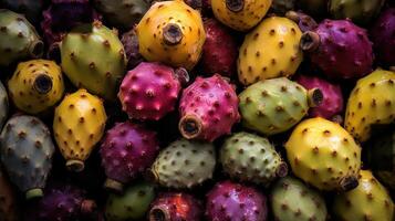 Realistic photo of a bunch of prickly pears. top view fruit scenery.