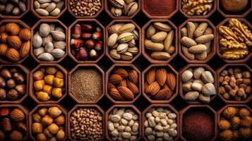 Realistic photo of different kind of nuts. top view nuts scenery.